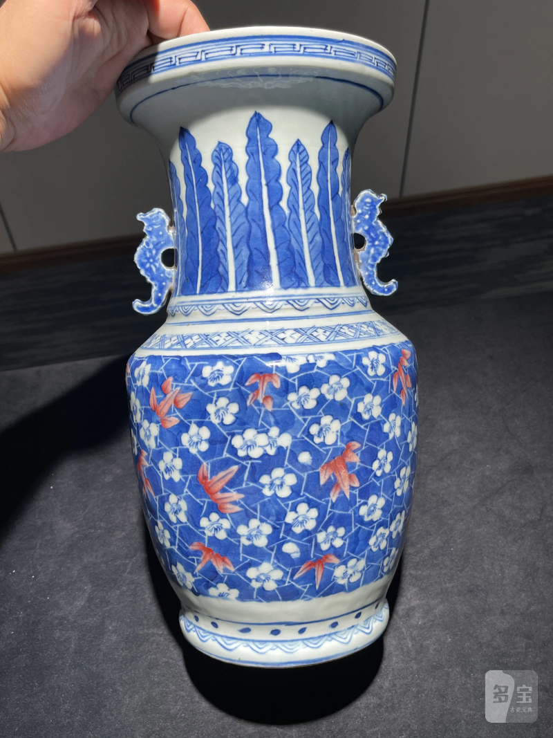 清中期 青花釉里红冰梅竹纹双耳瓶 - 图4